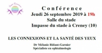 Conférence les connexions et la Santé des Yeux. Jeudi 26 Septembre 2019 à 19h (attention horaire inhabituel), salle du stade, impasse du stade à Creney près Troyes. Intervenante Dr Mélanie BIDAUT GARNIER